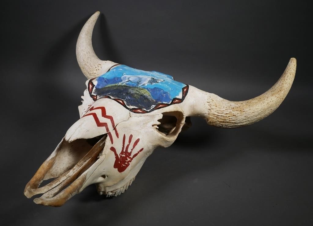 Appraisal: Hand Painted cow skull by Sioux artist Two Bulls Imagery