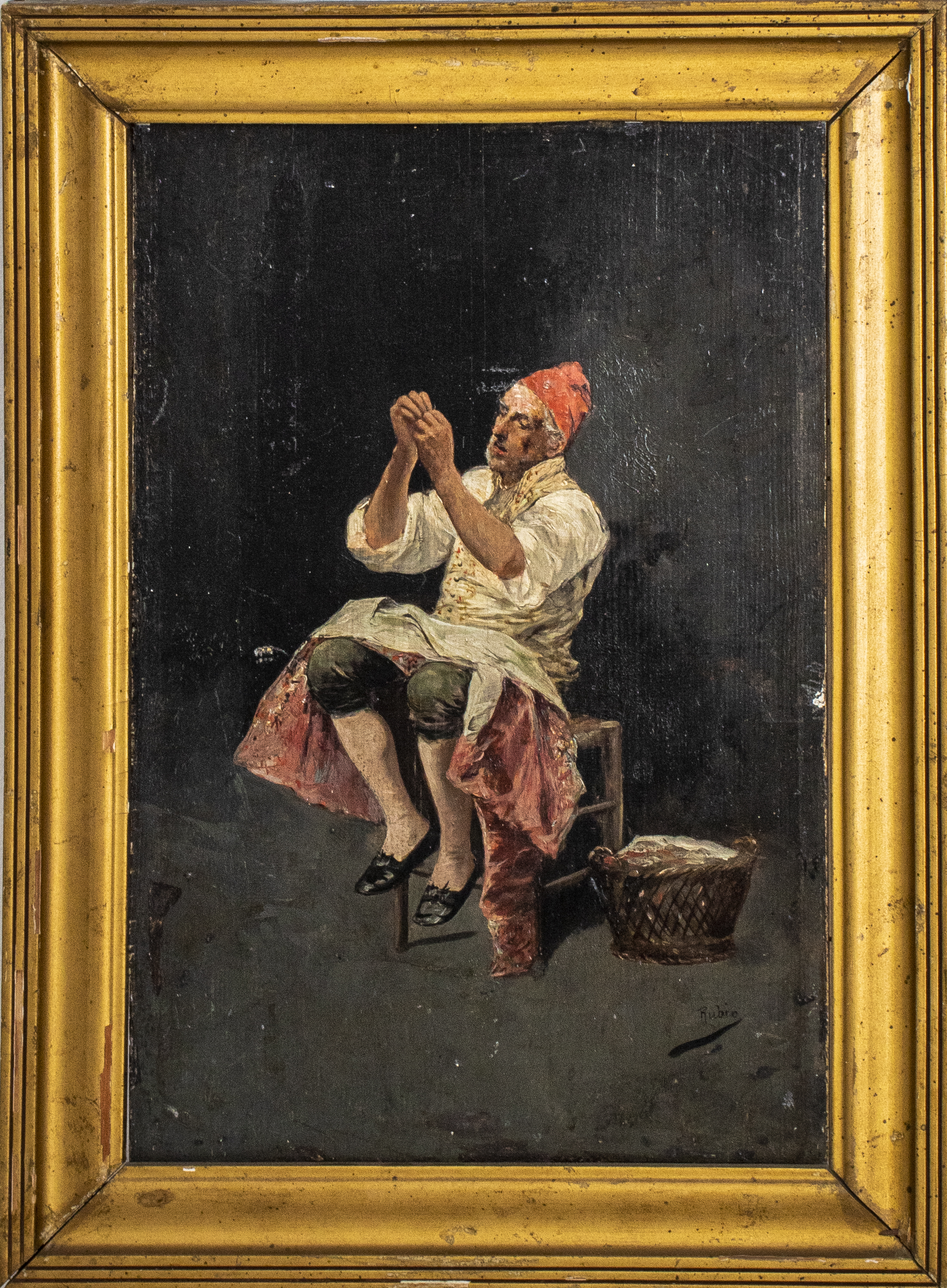 Appraisal: RAMON MUNOZ RUBIO 'MAN MENDING COAT' OIL ON BOARD Ramon