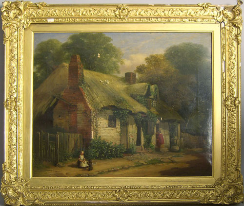 Appraisal: English oil on canvas cottage scene th c by H