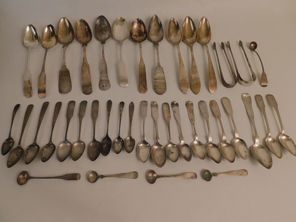 Appraisal: LOT MOSTLY COIN SILVER SPOONS TONGS Lot of mostly coin