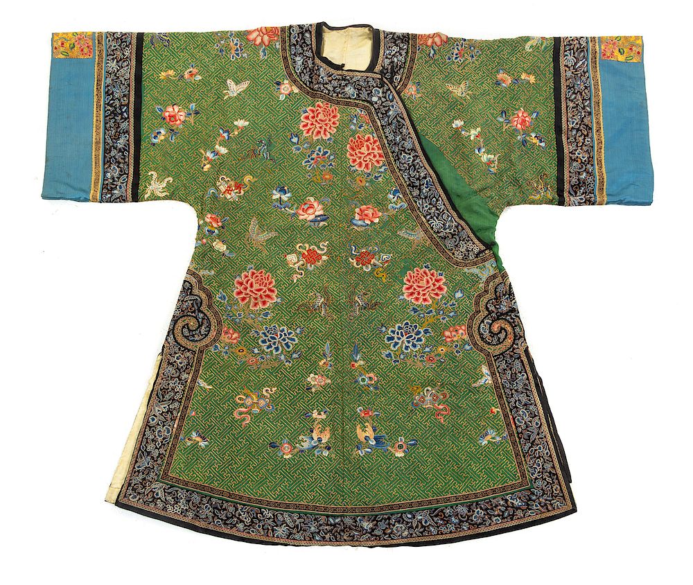 Appraisal: A Green Ground Embroidered Silk Lady s Semi-Formal Robe Collar