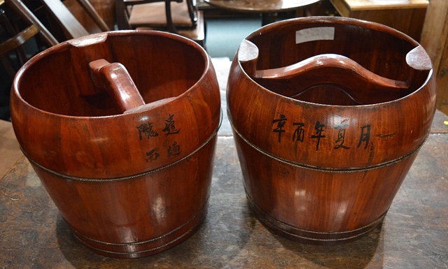 Appraisal: A pair of Chinese pine nan wood water containerswith detachable