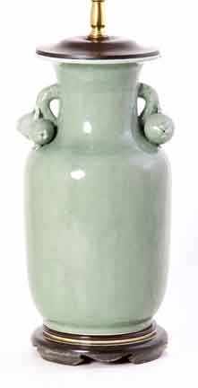 Appraisal: Chinese celadon vase mounted as lamp vasiform flanked by applied