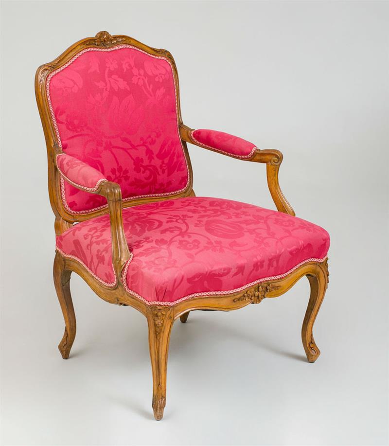 Appraisal: LOUIS XV CARVED BEECHWOOD FAUTEUIL LA REINE Upholstered in red