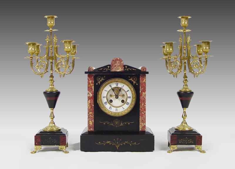 Appraisal: FRENCH MARBLE MANTLE CLOCK GARNITURE Incised floral decoration Enamel face