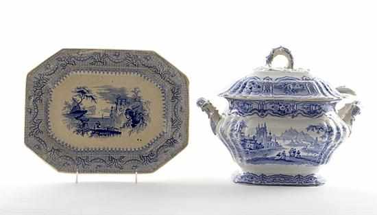 Appraisal: English transferware tureen and stand mid th century pictorial-decorated blue