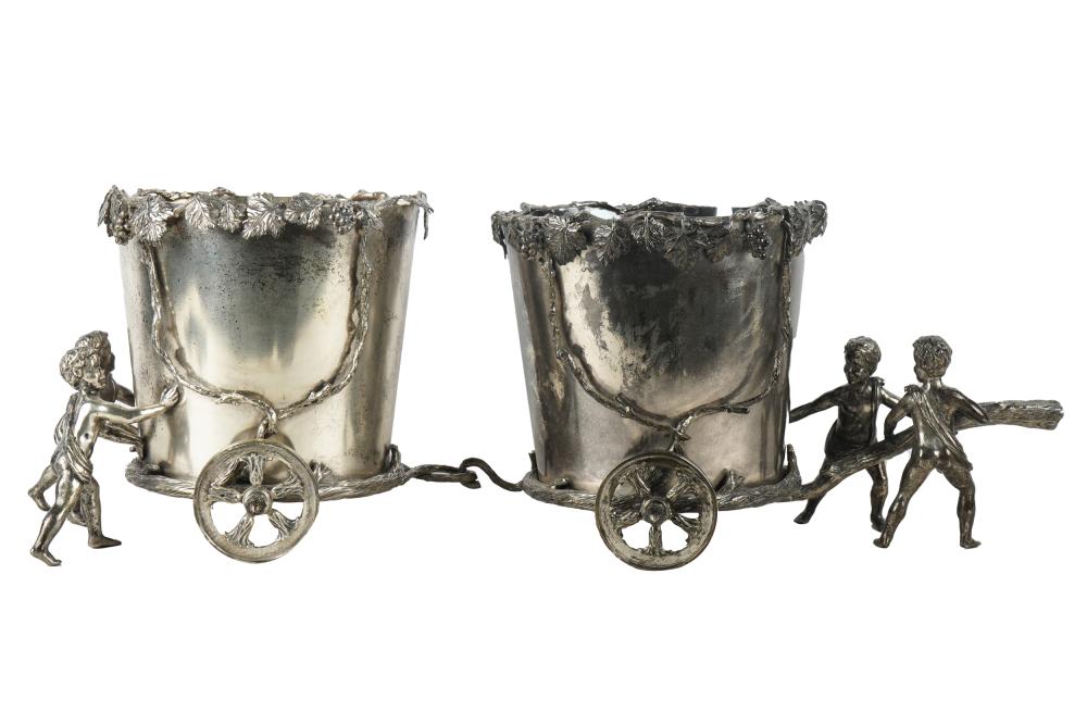 Appraisal: PAIR OF MAITLAND SMITH WINE BUCKETSset on cherub form chariot