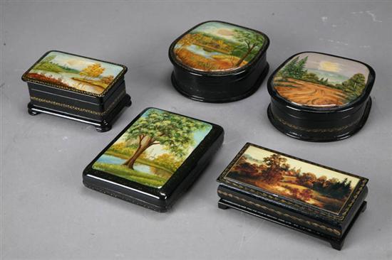 Appraisal: FIVE RUSSIAN LACQUER BOXES Landscapes four have abalone shell inlay