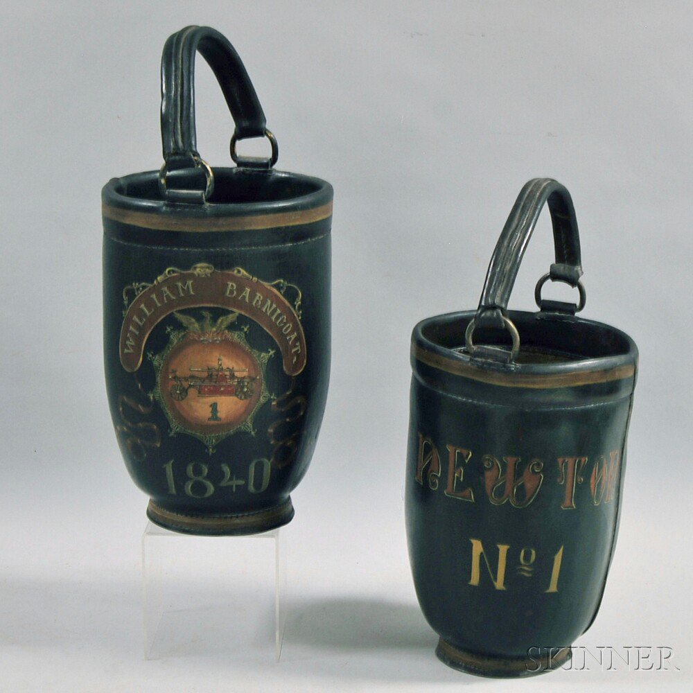 Appraisal: Pair of Newton Fire Buckets with lacquered and green-painted stenciled