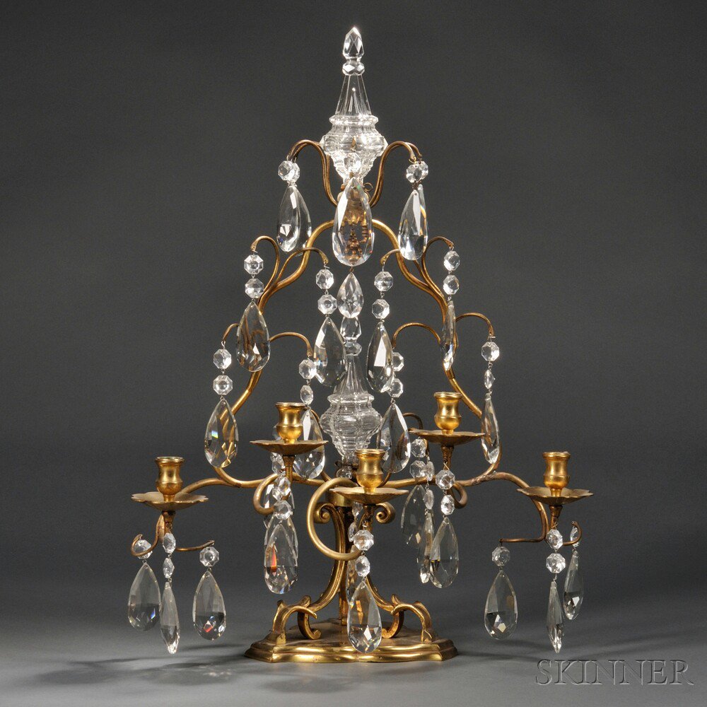 Appraisal: Single Brass and Cut Glass Five-light Candelabrum late th century