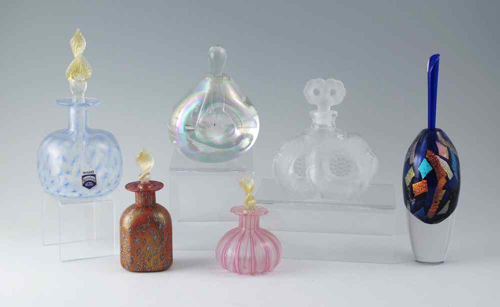 Appraisal: ART GLASS PERFUME BOTTLES Murano Candese Lalique type unidentified signed