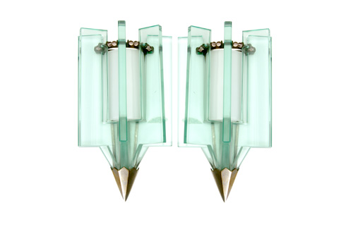 Appraisal: FRENCH Pair of sconces each with five clear glass panels