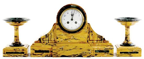 Appraisal: French three-piece marble clock set Japy Freres circa tambour-shaped yellow