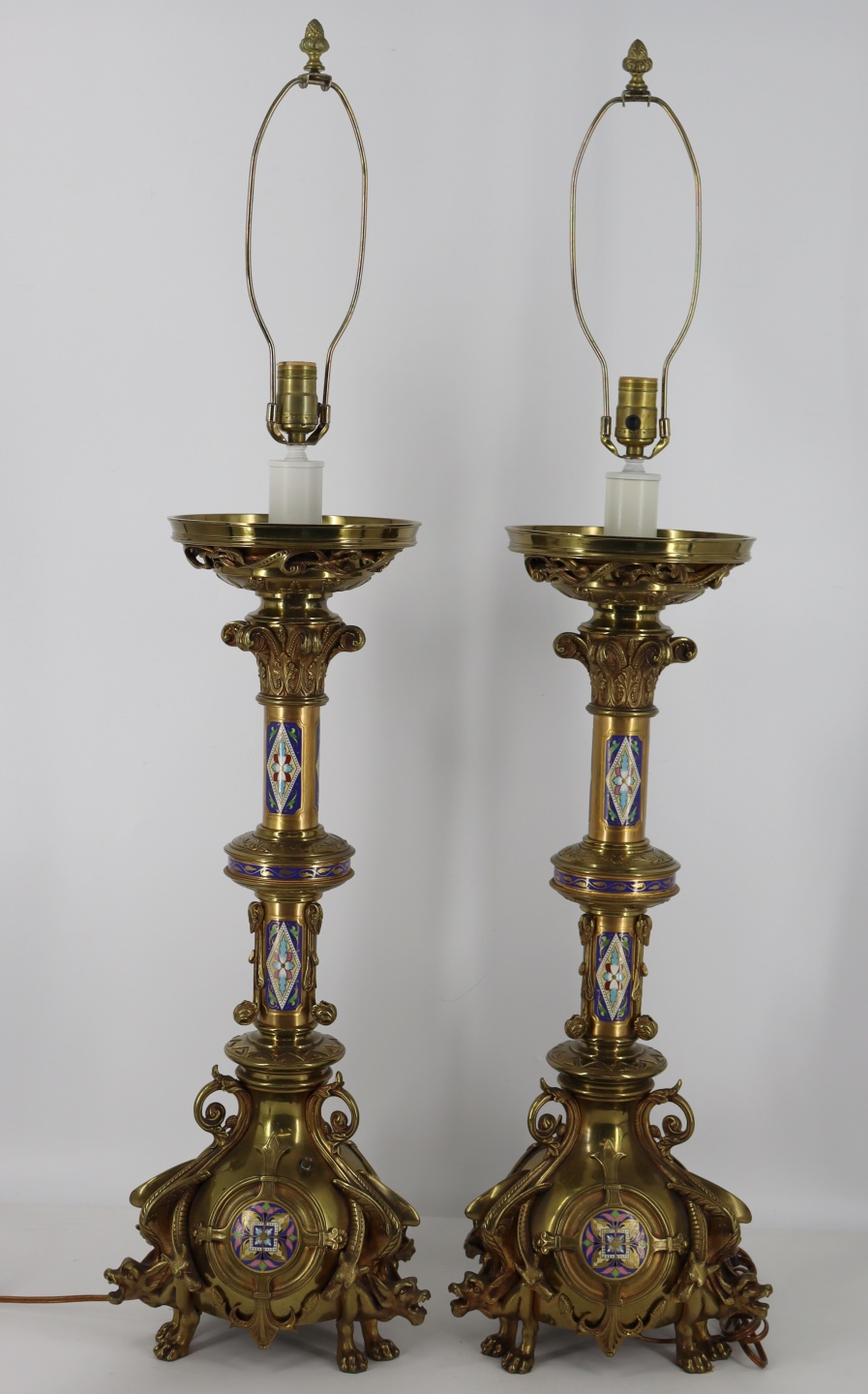 Appraisal: A FINE QUALITY PAIR OF ENAMELED BRONZE DRAGON Lamps Good