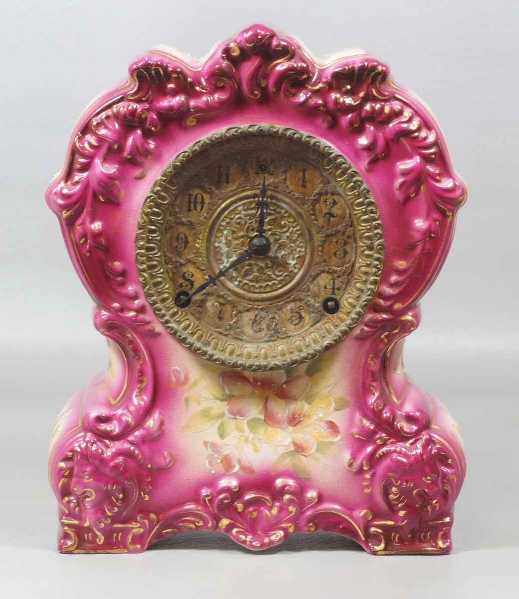 Appraisal: American china case clock purple floral decorated case No unmarked