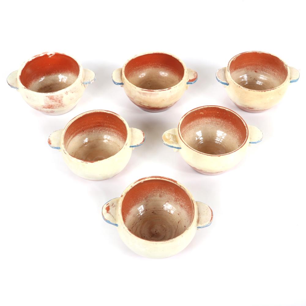 Appraisal: SET OF SIX BROWN COUNTY POTTERY DOUBLE HANDLE BOWLS WITH