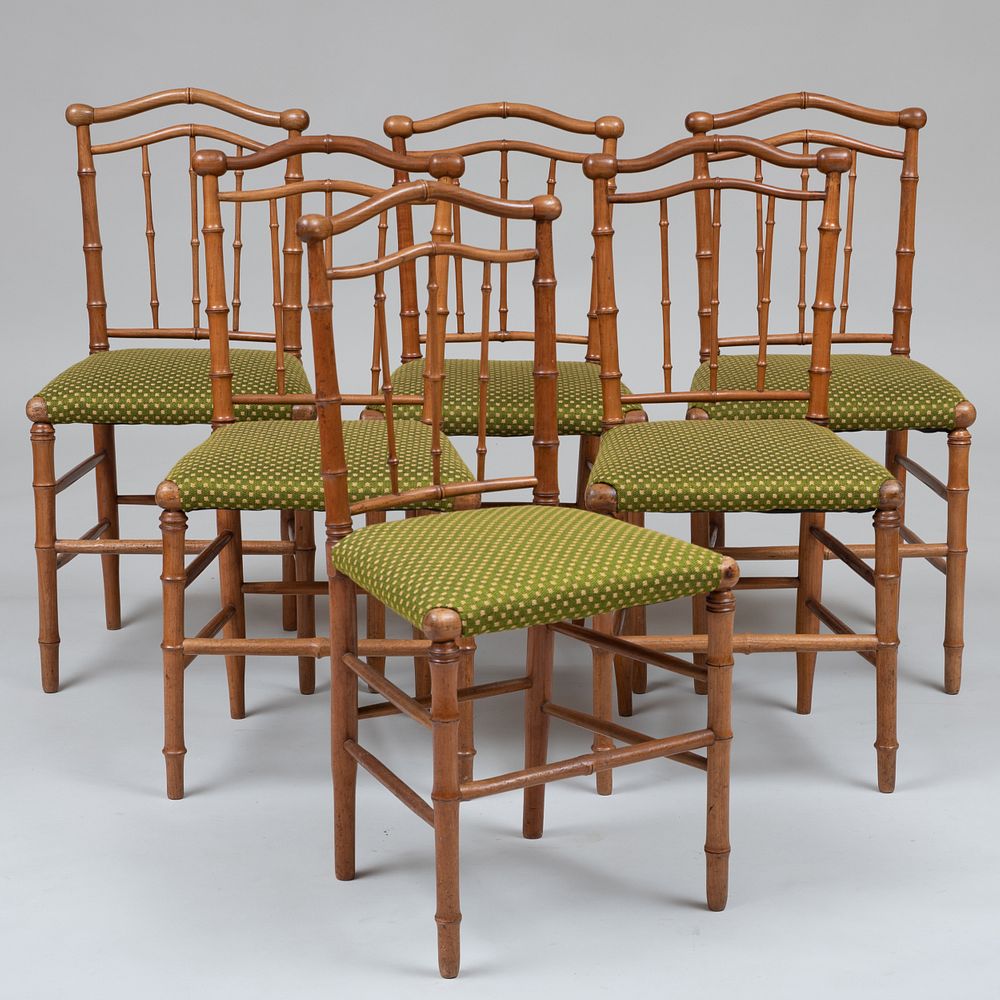 Appraisal: Set of Six Regency Style Faux Bamboo Fruitwood Side Chairs