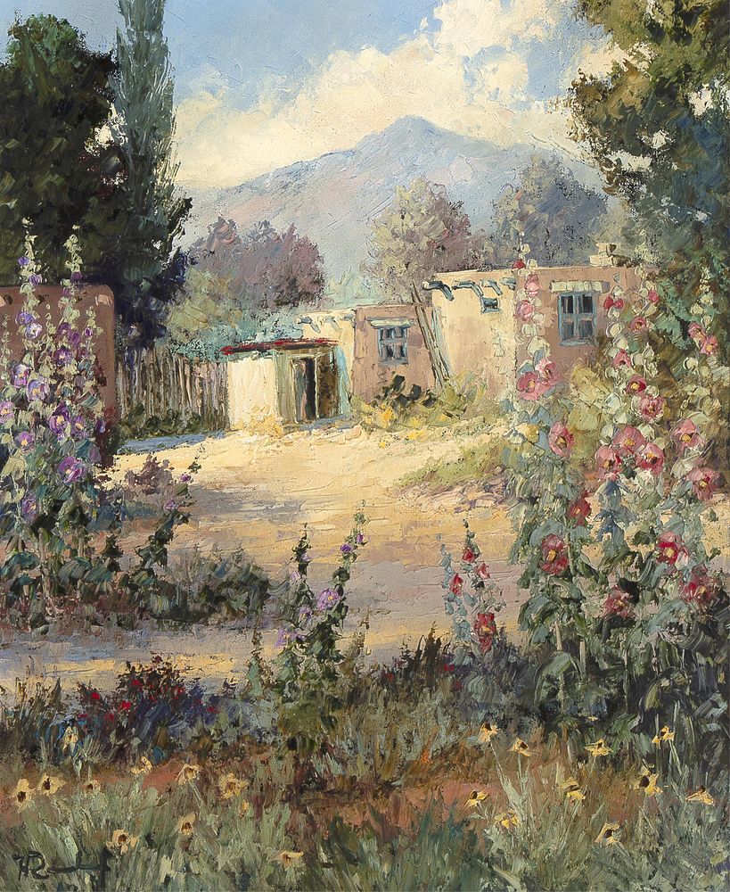 Appraisal: Hans Ressdorf Untitled Adobe Home with Hollyhocks Hans Ressdorf -