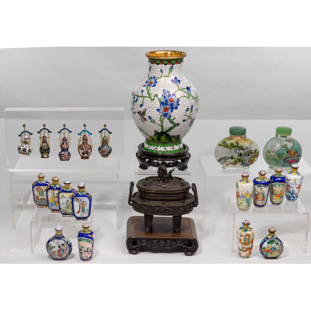 Appraisal: ASIAN SNUFF BOTTLE AND DECORATIVE OBJECT ASSORTMENT items including snuff