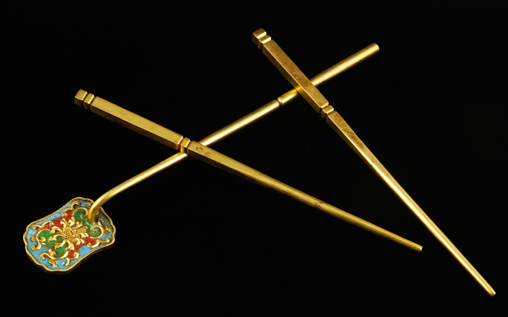 Appraisal: - Gilt Bronze Chopsticks and Hairpins Lot of three Chinese