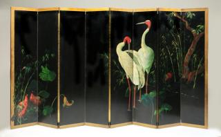 Appraisal: Oversized hand painted screen signed w Eight-panel paint decorated screen