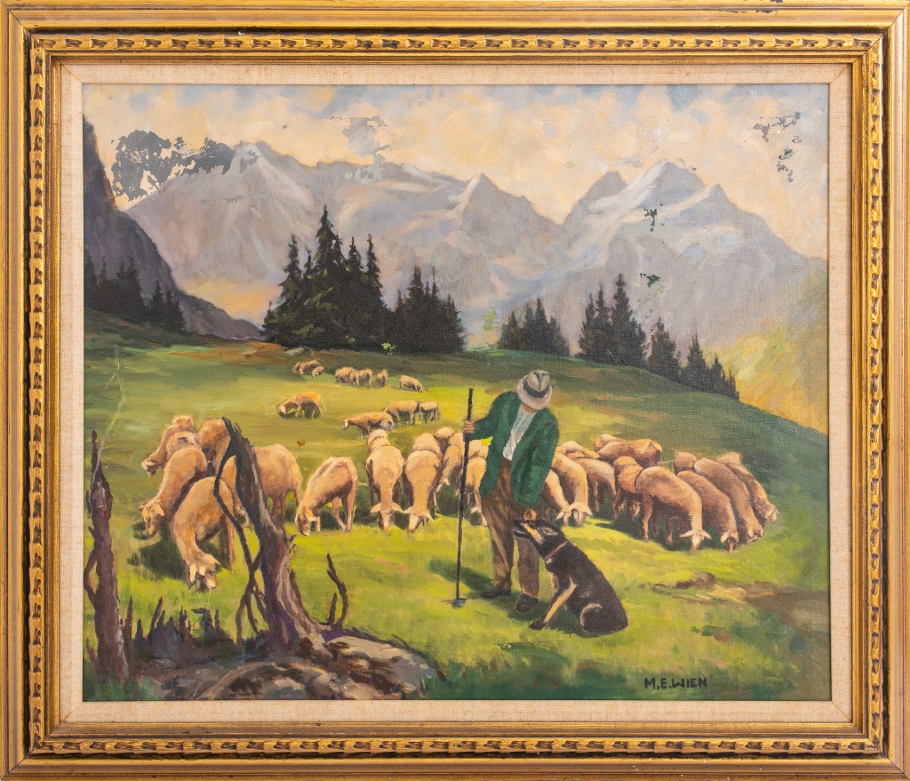 Appraisal: M E WEIN ALPINE LANDSCAPE W SHEEP OIL CANVAS M