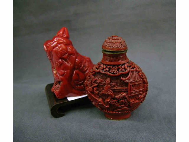 Appraisal: Signed Oriental snuff bottle cinnabar scenic carved and coral figural