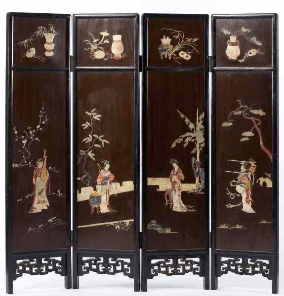 Appraisal: Chinese Hardstone Inlaid Floor Screenfour panels - each panel divided