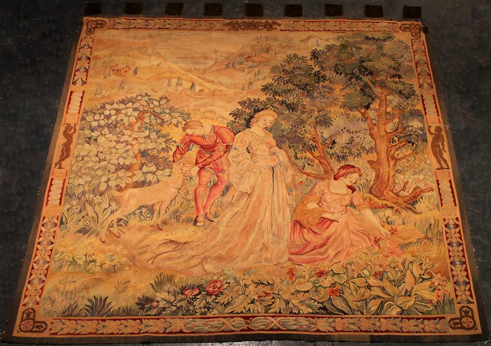 Appraisal: FRENCH TAPESTRY PANEL th C depicting figures in a wooded