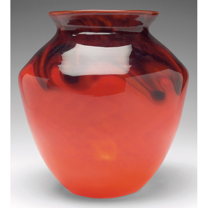 Appraisal: Schneider vase shoulderform in dark orange glass with black swirlsat