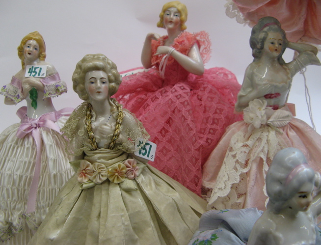 Appraisal: COLLECTION OF FIVE PORCELAIN HALF DOLL LADIES in ornate skirted