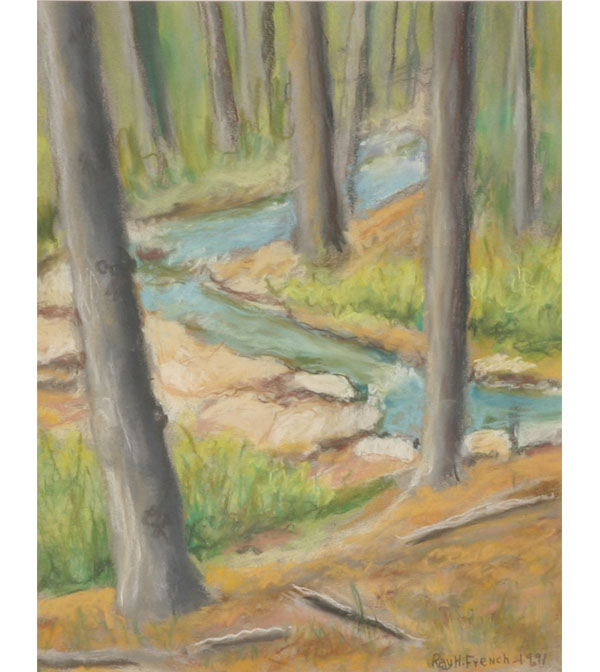 Appraisal: Ray H French American - Forest interior with stream Pastel