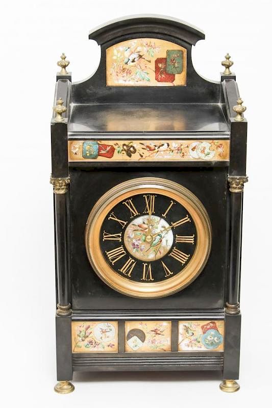 Appraisal: English Aesthetic Movement Stone Enameled Clock English Aesthetic Movement black