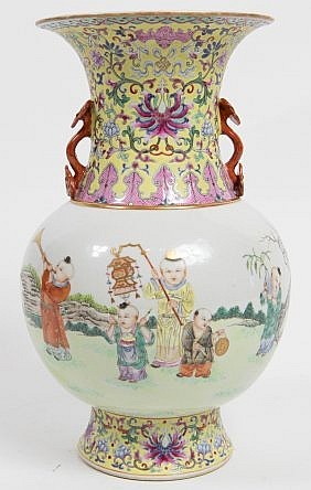 Appraisal: FAMILLE ROSE PORCELAIN VASE WITH SCEPTER HANDLESLate th Century The