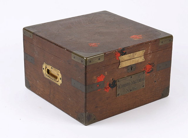 Appraisal: A VICTORIAN OAK AND BRASS BOUND DEED BOX with inset