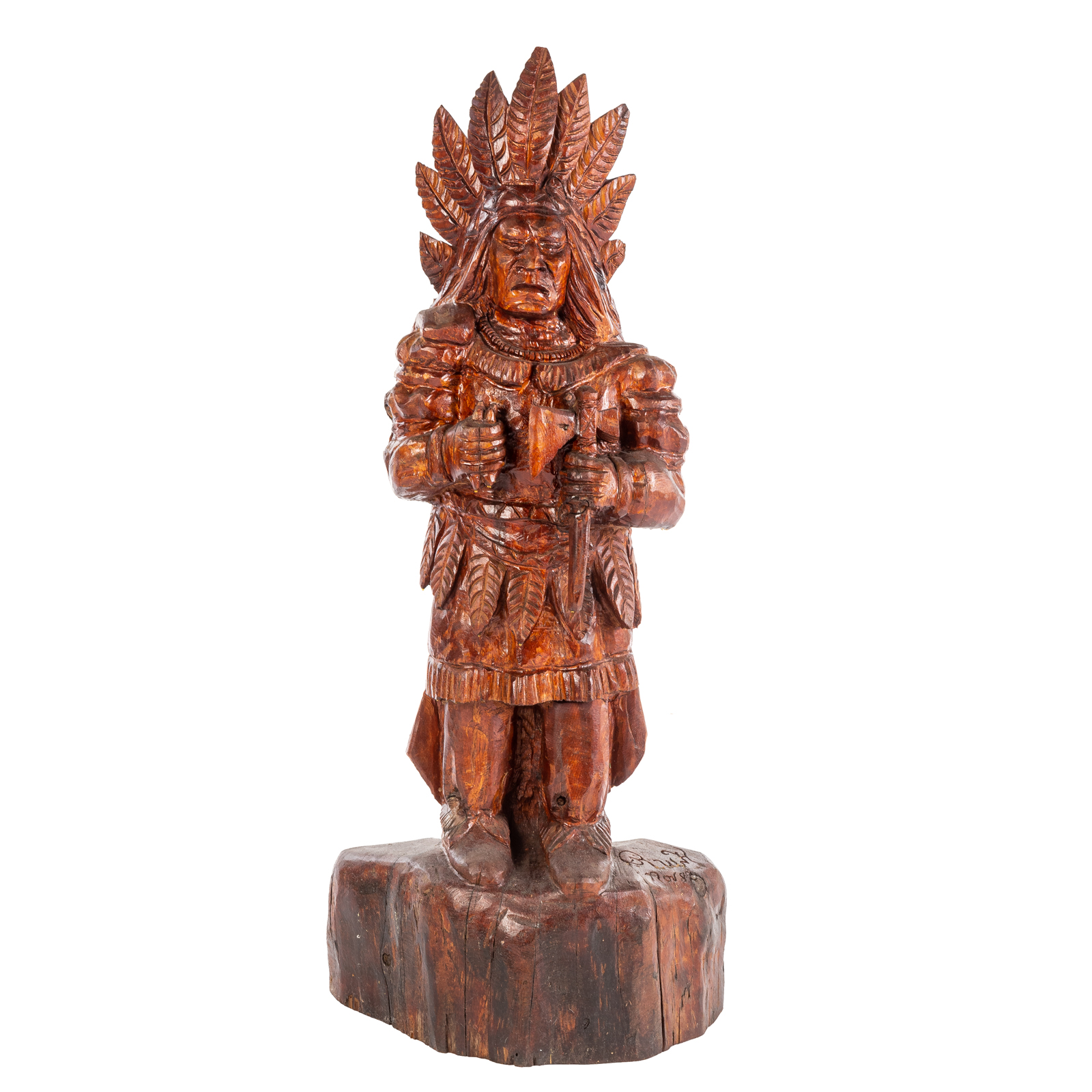 Appraisal: CARVED REDWOOD INDIAN CHIEF Dated standing chief in war bonnet