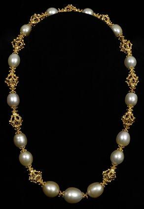 Appraisal: PEARL AND GOLD FILIGREE BEAD NECKLACE in Provenance Property from