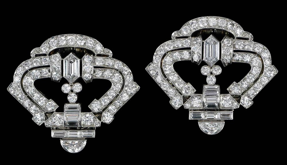 Appraisal: Platinum kt and Diamond Dress Clips antique geometric design matching