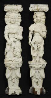 Appraisal: Pair of Antique Carved Wood Caryatid Columns White-painted depicting goddesses