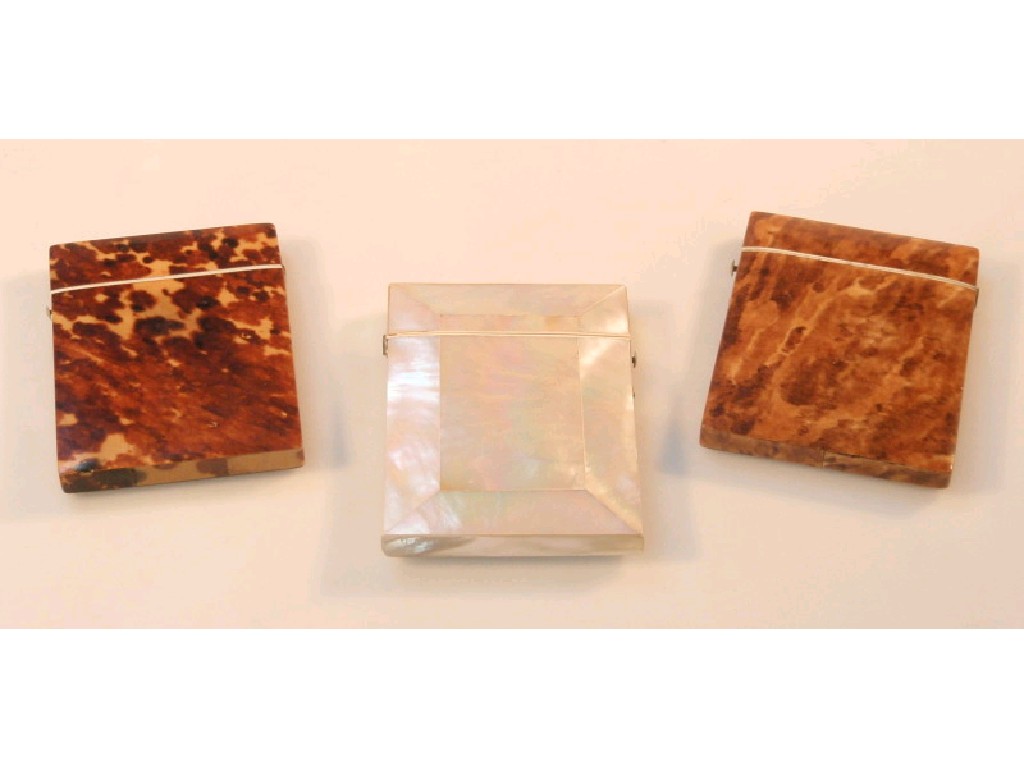 Appraisal: Two early thC tortoiseshell card cases and a mother-of-pearl example