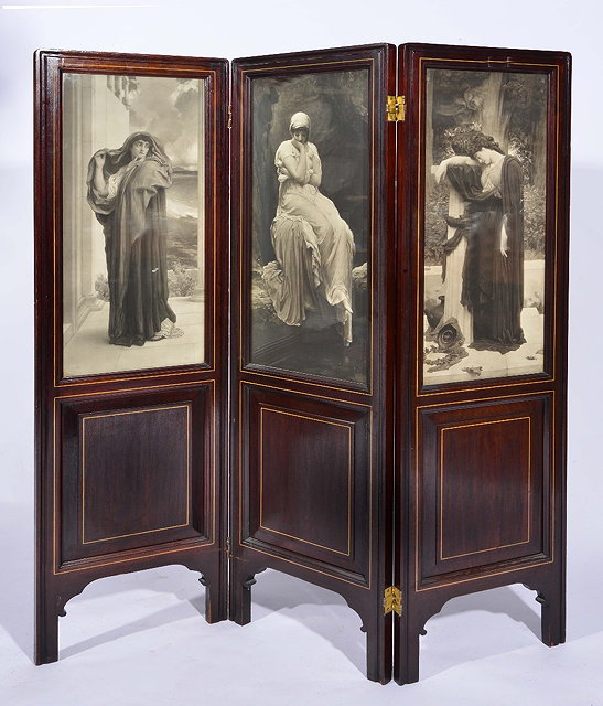 Appraisal: Mahogany three fold screenwith inset prints after Sir Frederick George