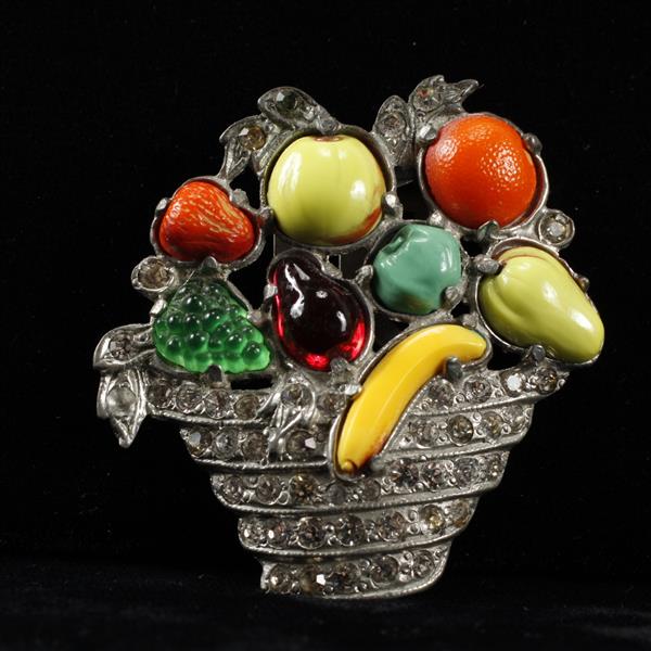 Appraisal: Early Unmarked Art Deco Pave Poured Glass Fruit Basket Brooch