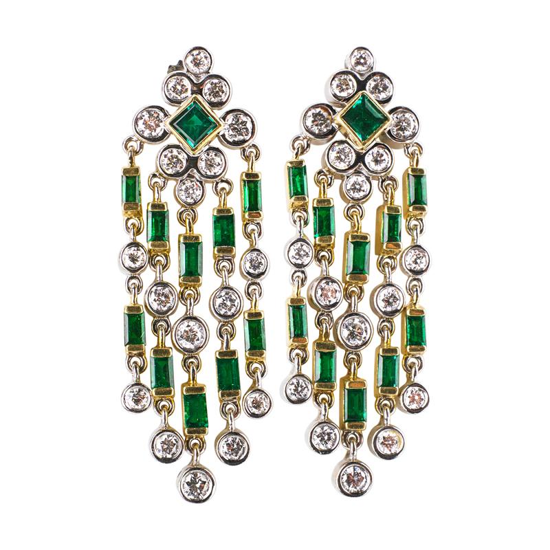 Appraisal: DE HAGO DIAMOND AND EMERALD CHANDELIER EARRINGS Condition Report F-G