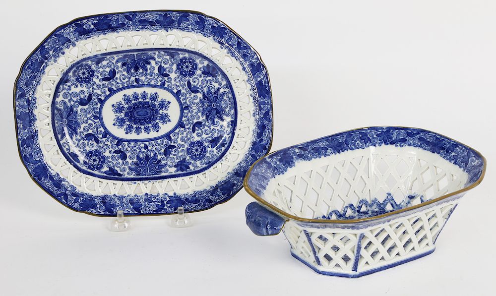 Appraisal: English Blue and White Soft Paste Transferware Chestnut Basket and