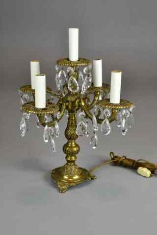 Appraisal: Brass And Crystal Candleabra LampFive arm brass holders with faceted