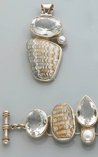 Appraisal: Suite of Fossil Shell Jewelry Comprising a bracelet set with