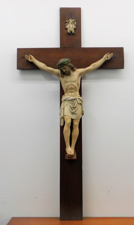 Appraisal: LARGE OAK PAINTED METAL RELIGIOUS JESUS CRUCIFIX United States Circa