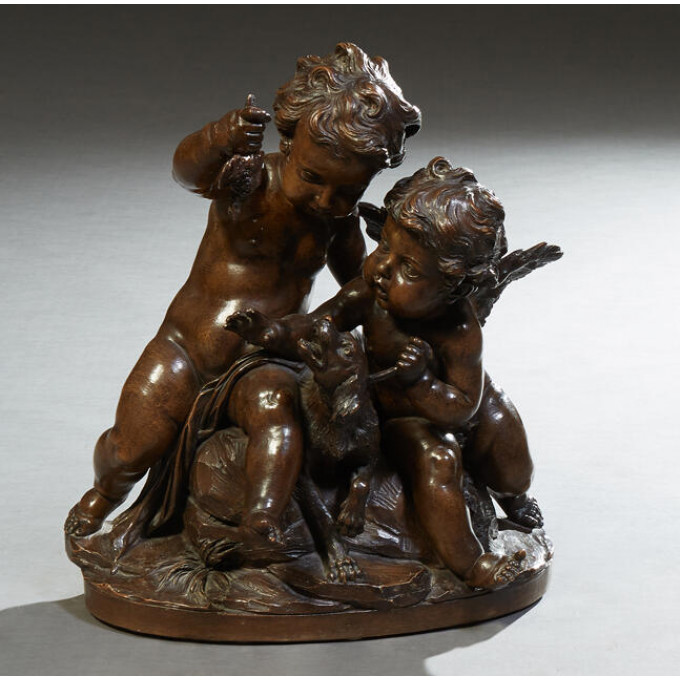 Appraisal: French School Playful Putti with Dog and Bird early th