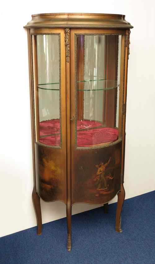 Appraisal: PAINT DECORATED FRENCH VITRINE CURIO CABINET Triple bow glass front