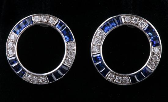 Appraisal: PAIR K WHITE GOLD DIAMOND AND SAPPHIRE CIRCLE DESIGN EARRINGS